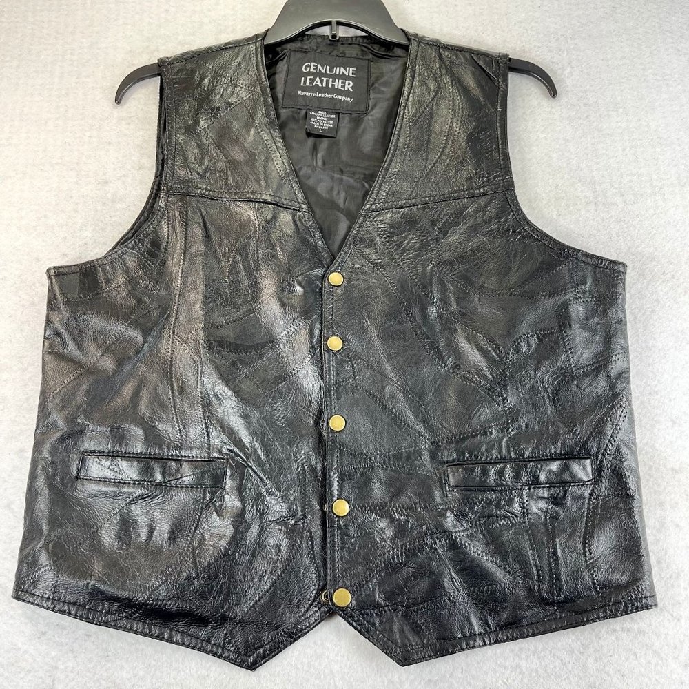 NWOT NAVARRE LEATHER CO Mens L Black Leather Motorcycle Biker Snap Up Vest